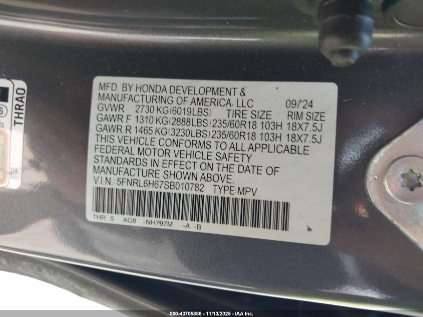 2025 Honda Odyssey Ex-L VIN: 5FNRL6H67SB010782 Lot: 43705886