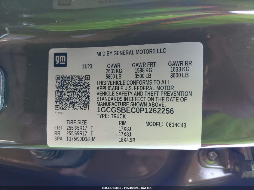 2023 Chevrolet Colorado 2Wd Short Box Wt VIN: 1GCGSBEC0P1262256 Lot: 43705895