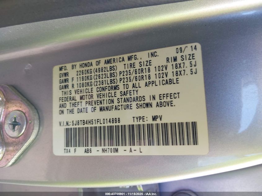 2015 Acura Rdx VIN: 5J8TB4H51FL014898 Lot: 43705901