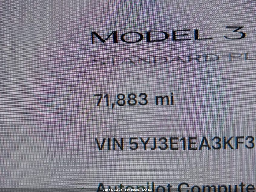 2019 Tesla Model 3 Long Range/Mid Range/Standard Range/Standard Range Plus VIN: 5YJ3E1EA3KF317989 Lot: 43705932