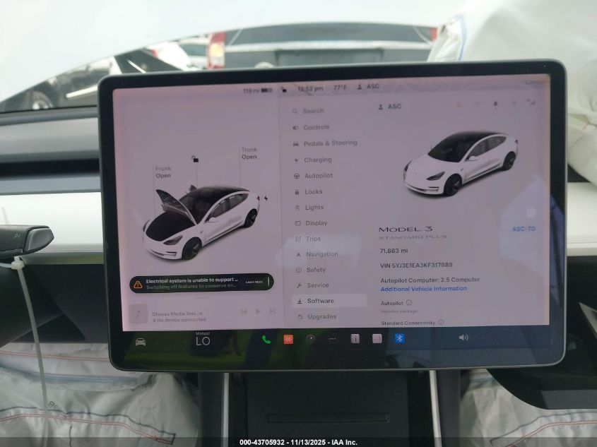 2019 Tesla Model 3 Long Range/Mid Range/Standard Range/Standard Range Plus VIN: 5YJ3E1EA3KF317989 Lot: 43705932