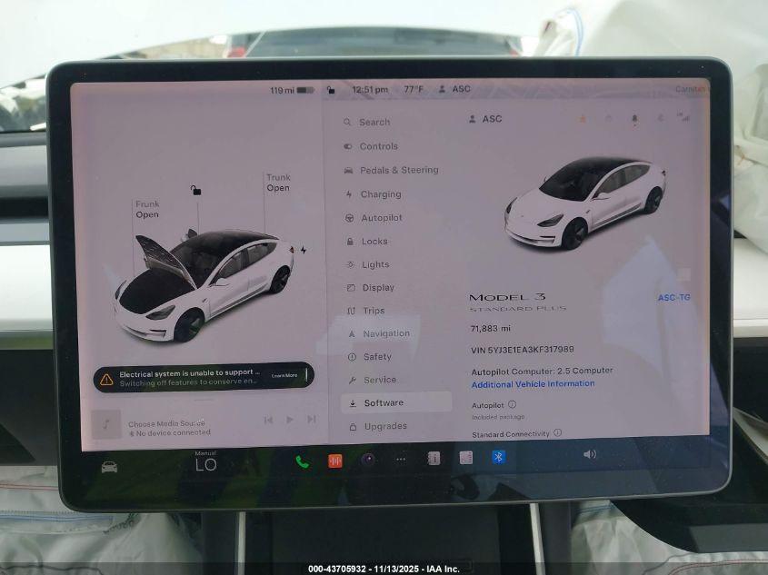 2019 Tesla Model 3 Long Range/Mid Range/Standard Range/Standard Range Plus VIN: 5YJ3E1EA3KF317989 Lot: 43705932