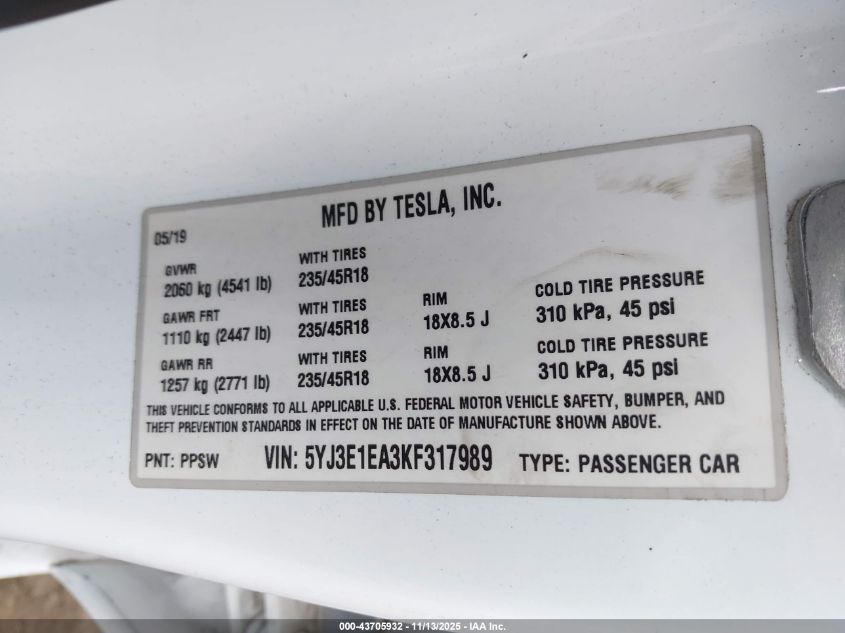 2019 Tesla Model 3 Long Range/Mid Range/Standard Range/Standard Range Plus VIN: 5YJ3E1EA3KF317989 Lot: 43705932