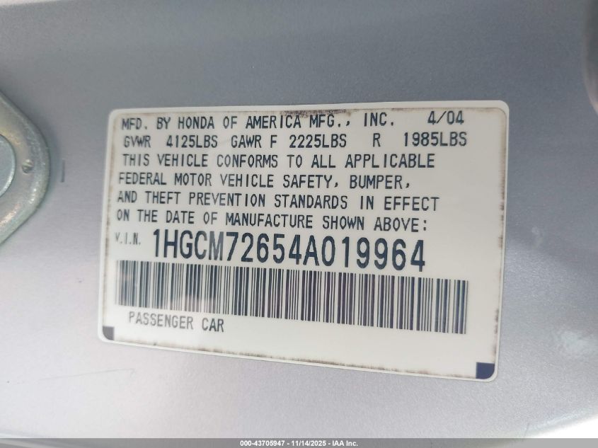 2004 Honda Accord 2.4 Ex VIN: 1HGCM72654A019964 Lot: 43705947