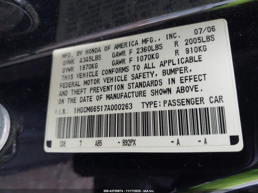 1HGCM66517A000263 2007 HONDA ACCORD photo no. 9