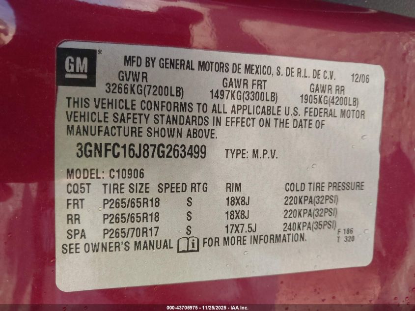 2007 Chevrolet Suburban 1500 Lt VIN: 3GNFC16J87G263499 Lot: 43705975