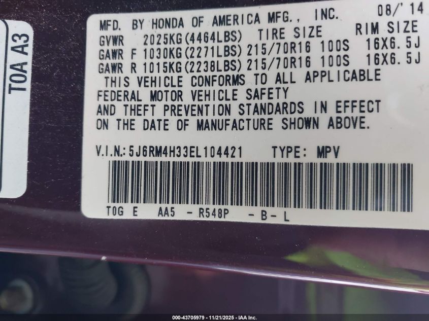 2014 Honda Cr-V Lx VIN: 5J6RM4H33EL104421 Lot: 43705979