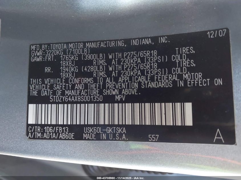 2008 Toyota Sequoia Sr5 5.7L V8 VIN: 5TDZY64AX8S001350 Lot: 43705980