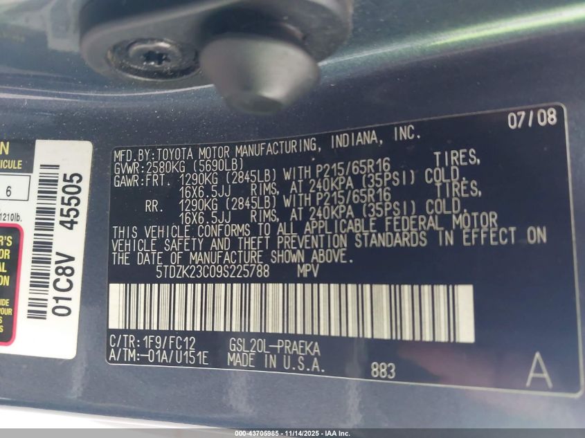 2009 Toyota Sienna Le VIN: 5TDZK23C09S225788 Lot: 43705985