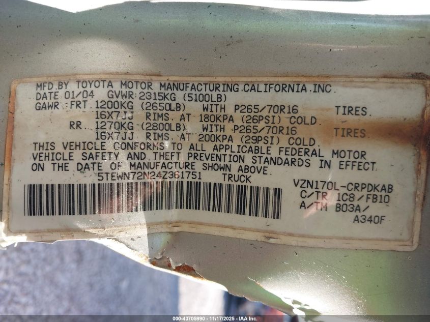 2004 Toyota Tacoma Base V6 VIN: 5TEWN72N24Z361751 Lot: 43705990