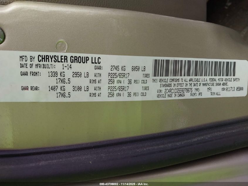 2014 Chrysler Town & Country Touring-L VIN: 2C4RC1CG5ER279875 Lot: 43706002