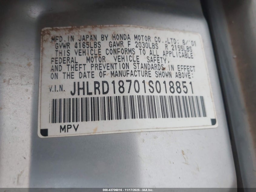 000JHLRD187018851 2001 HONDA CR-V photo no. 9