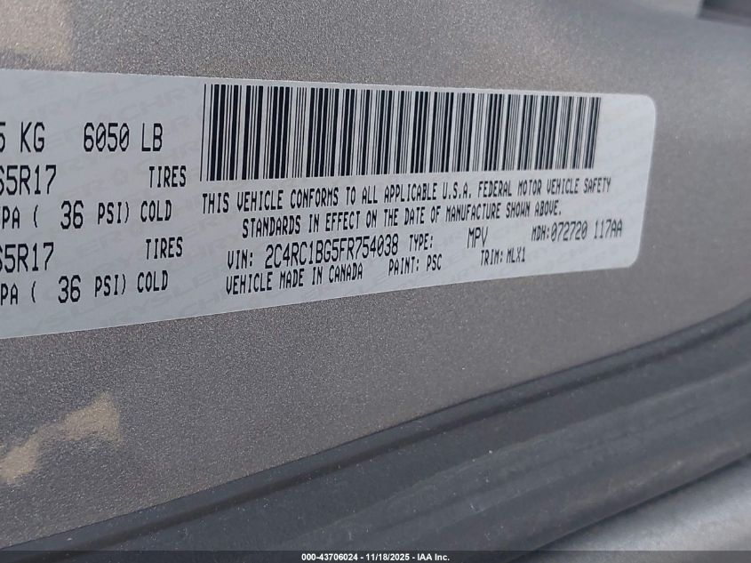 2015 Chrysler Town & Country Touring VIN: 2C4RC1BG5FR754038 Lot: 43706024