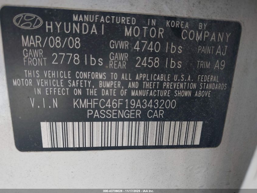 2009 Hyundai Azera Limited VIN: KMHFC46F19A343200 Lot: 43706026