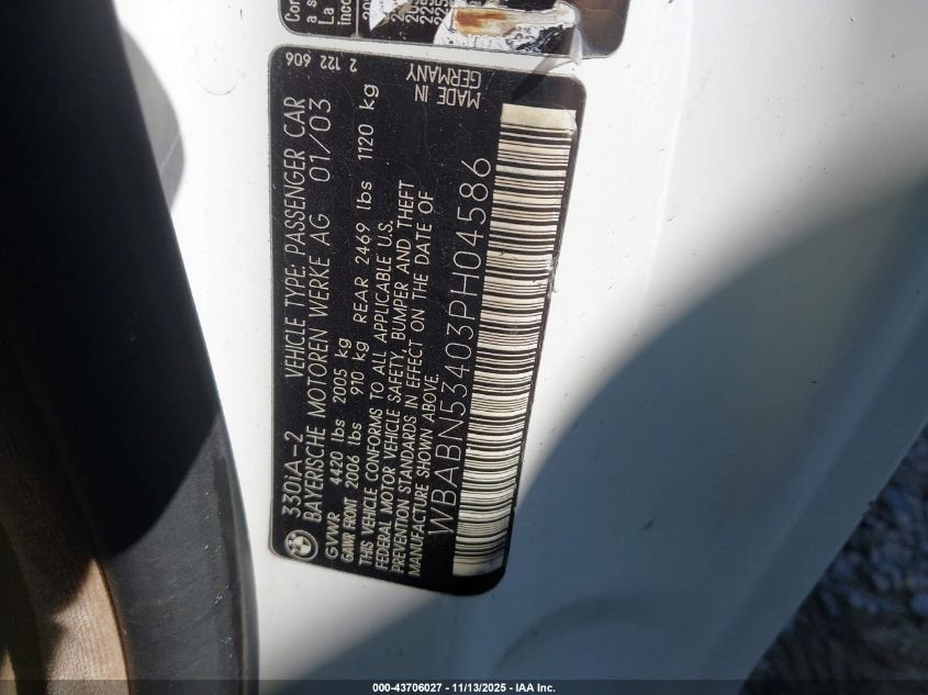 2003 BMW 330Ci VIN: WBABN53403PH04586 Lot: 43706027