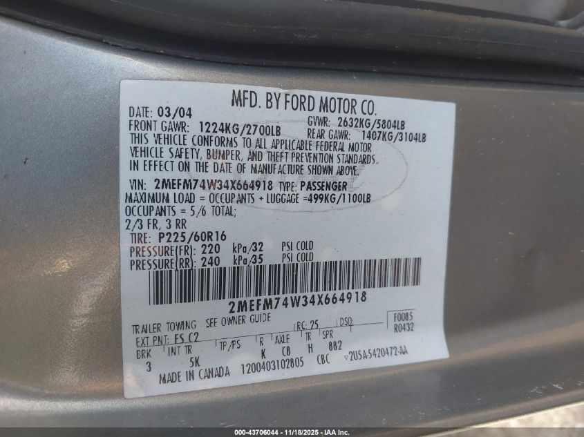 2004 Mercury Grand Marquis Gs VIN: 2MEFM74W34X664918 Lot: 43706044
