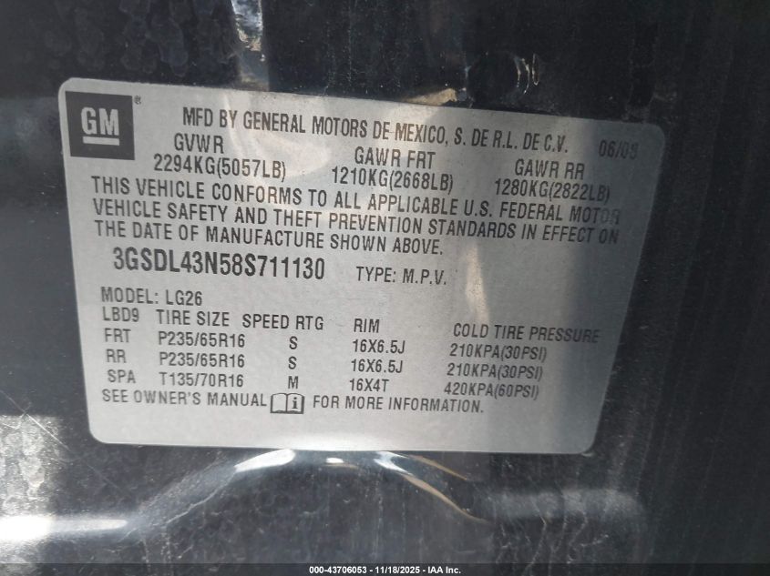 2008 Saturn Vue V6 Xe VIN: 3GSDL43N58S711130 Lot: 43706053