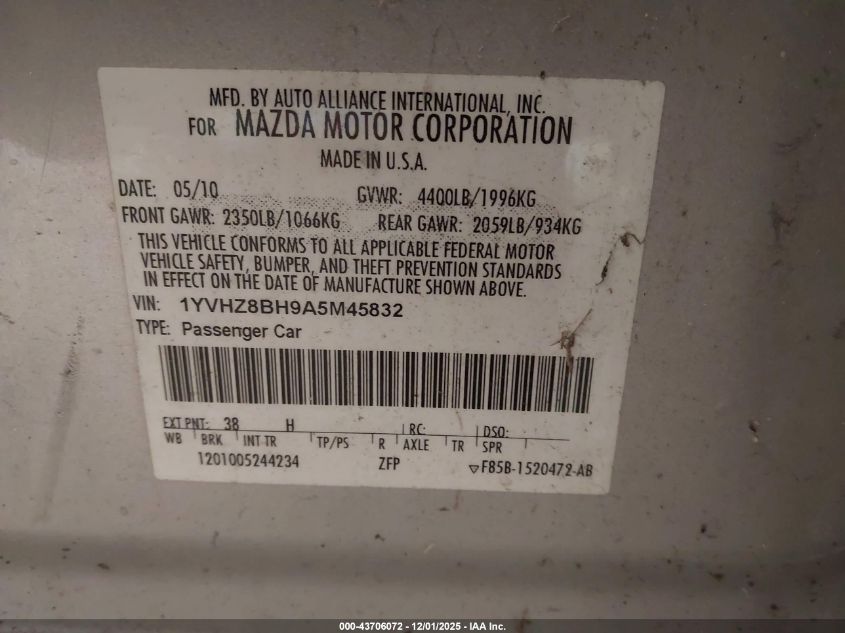 2010 Mazda Mazda6 I Sport VIN: 1YVHZ8BH9A5M45832 Lot: 43706072