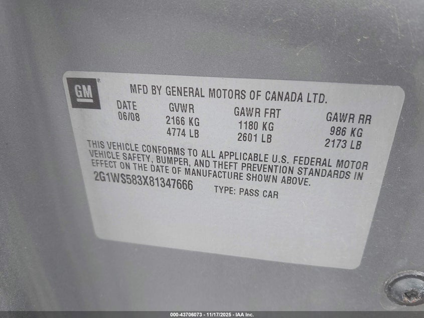 2G1WS583X81347666 2008 CHEVROLET IMPALA photo no. 9
