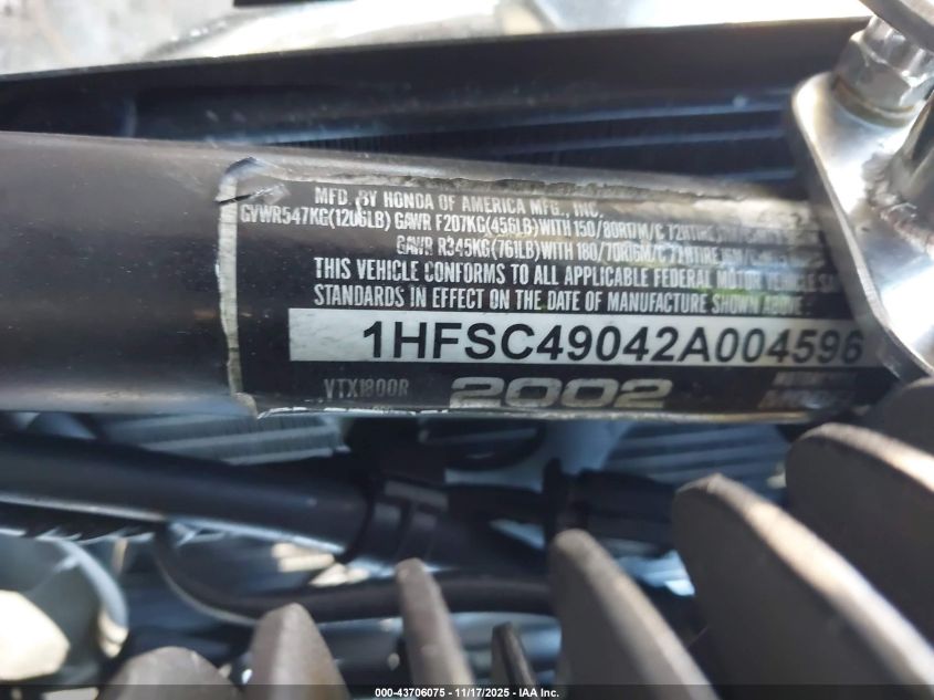 2002 Honda Vtx1800 R VIN: 1HFSC49042A004596 Lot: 43706075