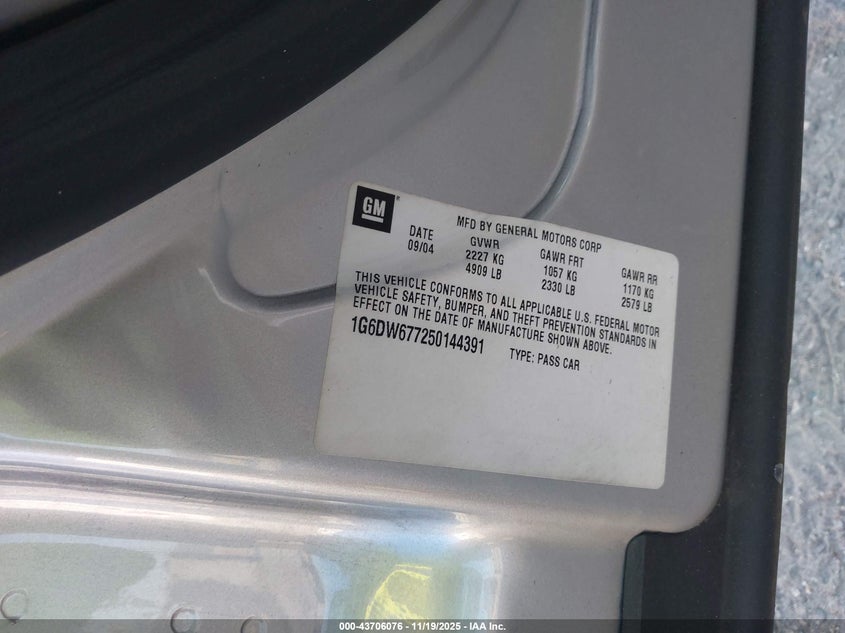2005 Cadillac Sts V6 VIN: 1G6DW677250144391 Lot: 43706076