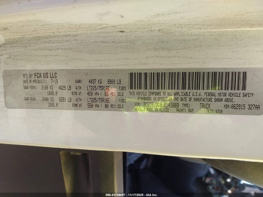 2018 Ram Promaster 2500 High Roof 159 Wb VIN: 3C6TRVDG8JE145889 Lot: 43706097