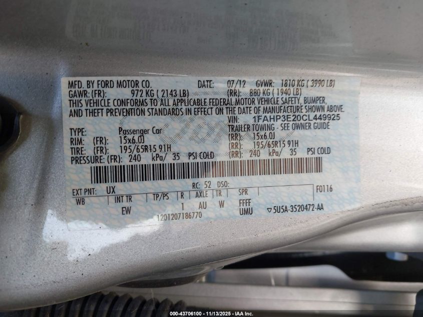 2012 Ford Focus S VIN: 1FAHP3E20CL449925 Lot: 43706100