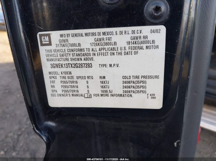 2002 Chevrolet Avalanche 1500 VIN: 3GNEK13TX2G287283 Lot: 43706101