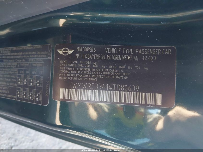 2004 Mini Cooper S VIN: WMWRE33414TD80639 Lot: 43706106