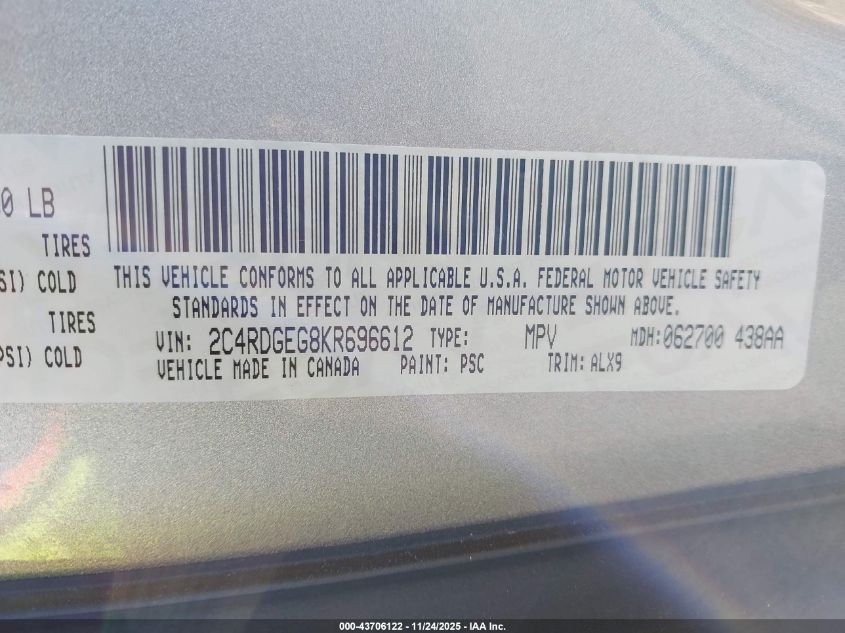 2019 Dodge Grand Caravan Gt VIN: 2C4RDGEG8KR696612 Lot: 43706122