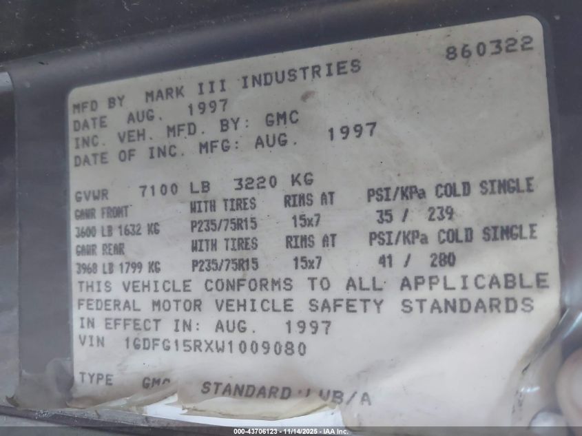 1998 GMC Savana Rv VIN: 1GDFG15RXW1009080 Lot: 43706123
