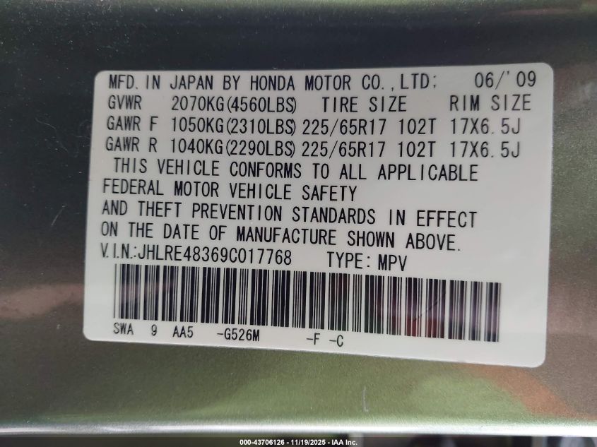 2009 Honda Cr-V Lx VIN: JHLRE48369C017768 Lot: 43706126