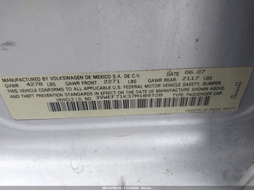 2007 Volkswagen Jetta Wolfsburg Edition VIN: 3VWEF71K37M189728 Lot: 43706138