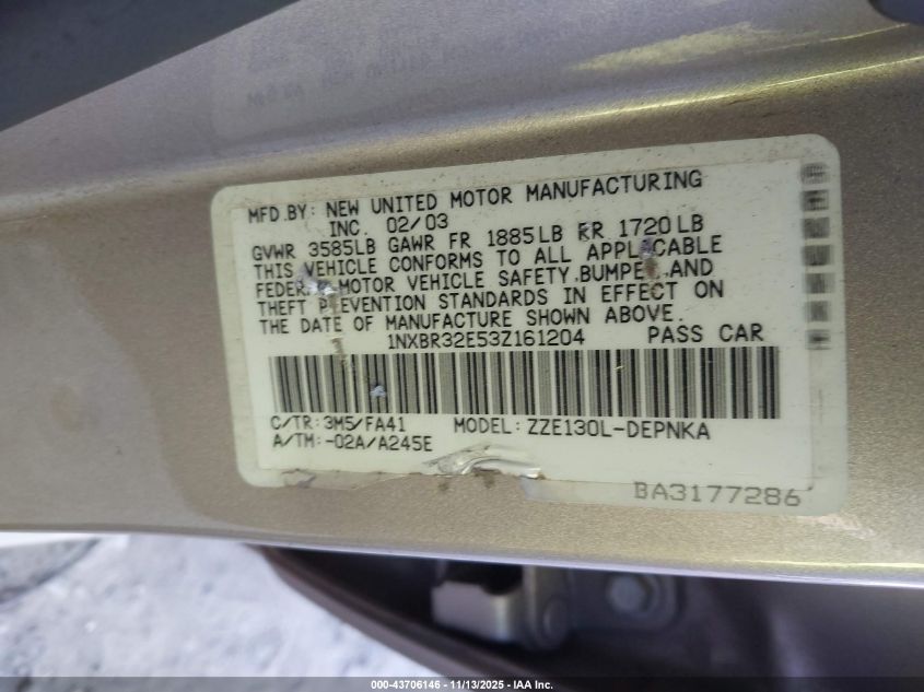 2003 Toyota Corolla Le VIN: 1NXBR32E53Z161204 Lot: 43706146