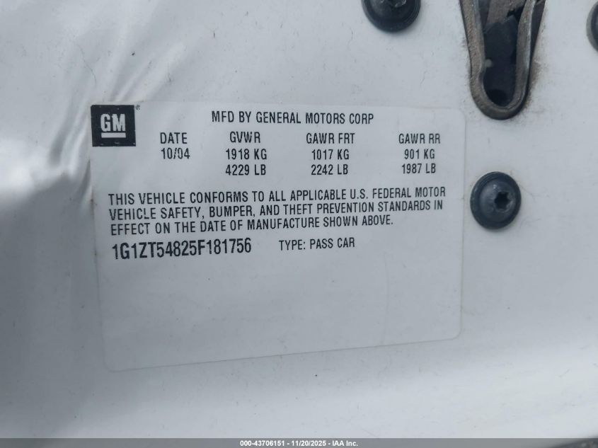 2005 Chevrolet Malibu Ls VIN: 1G1ZT54825F181756 Lot: 43706151