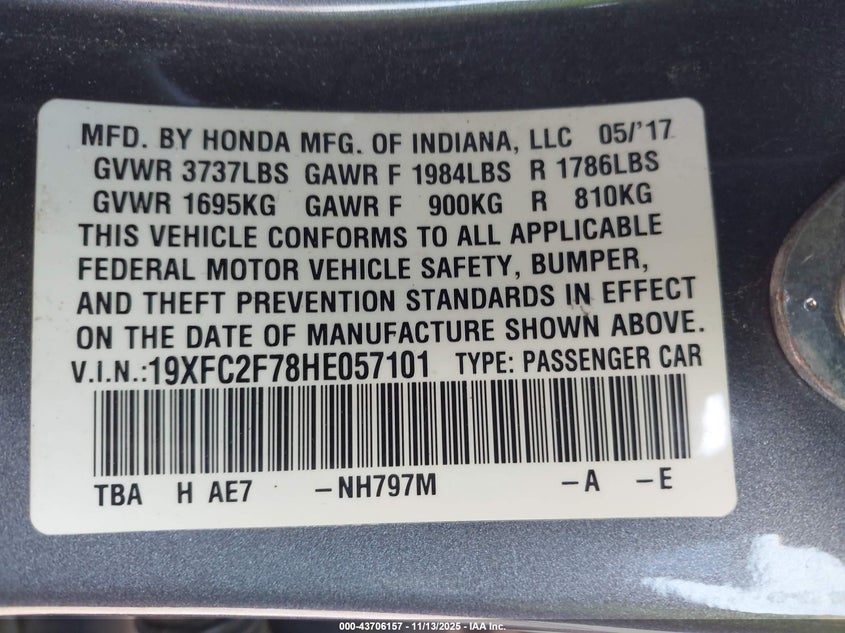 19XFC2F78HE057101 2017 HONDA CIVIC photo no. 9