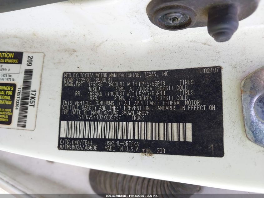 2007 Toyota Tundra Sr5 V8 VIN: 5TFRV54107X005757 Lot: 43706158