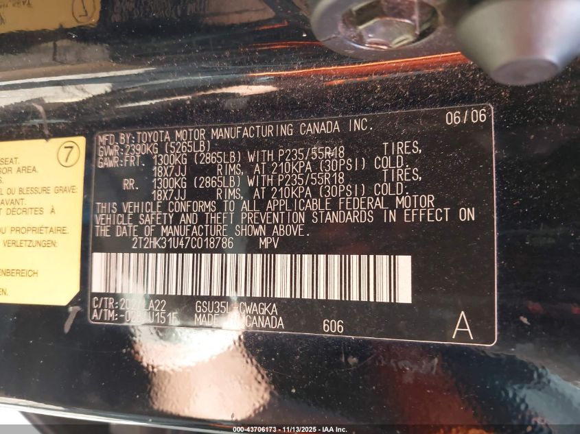 2007 Lexus Rx 350 VIN: 2T2HK31U47C018786 Lot: 43706173