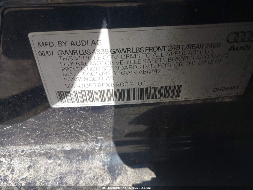 2008 Audi A4 2.0T VIN: WAUDF78EX8A022101 Lot: 43706190