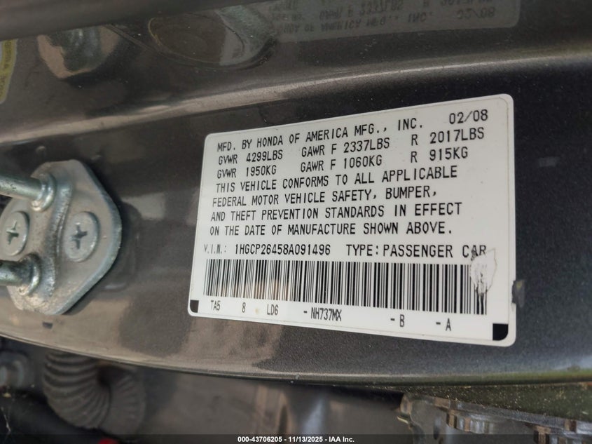 1HGCP26458A091496 2008 HONDA ACCORD photo no. 9