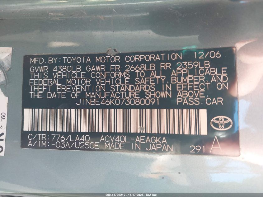 2007 Toyota Camry Ce/Le/Xle/Se VIN: JTNBE46K073080091 Lot: 43706212