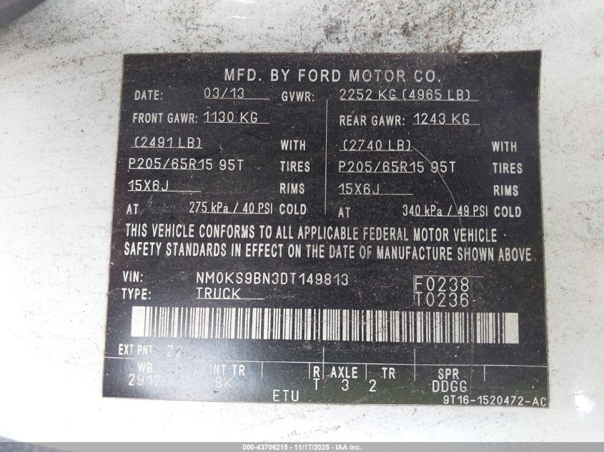 2013 Ford Transit Connect Xlt VIN: NM0KS9BN3DT149813 Lot: 43706215