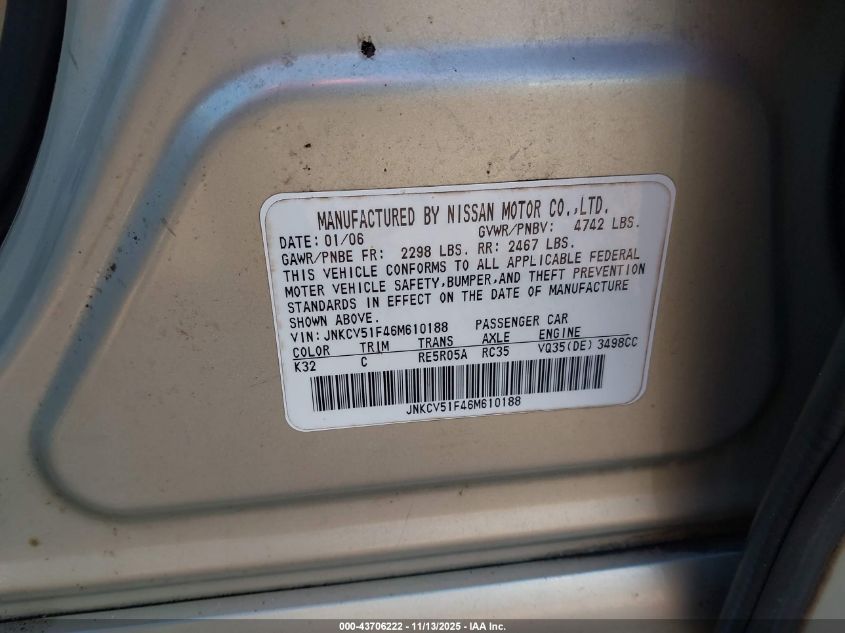 2006 Infiniti G35X VIN: JNKCV51F46M610188 Lot: 43706222