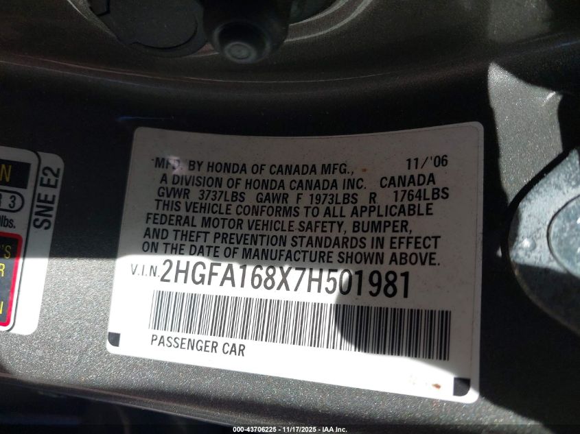 2007 Honda Civic Ex VIN: 2HGFA168X7H501981 Lot: 43706225