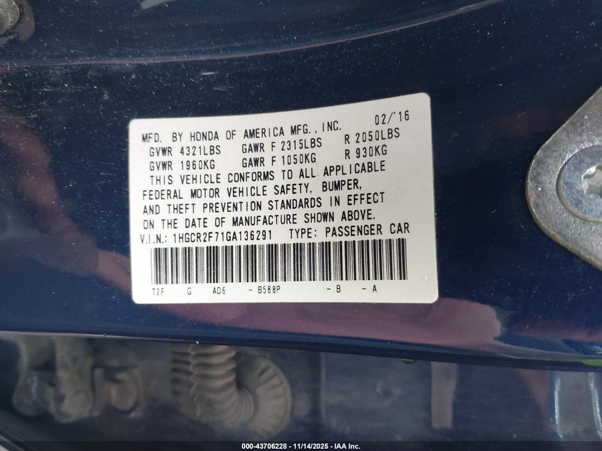 1HGCR2F71GA136291 2016 HONDA ACCORD photo no. 9