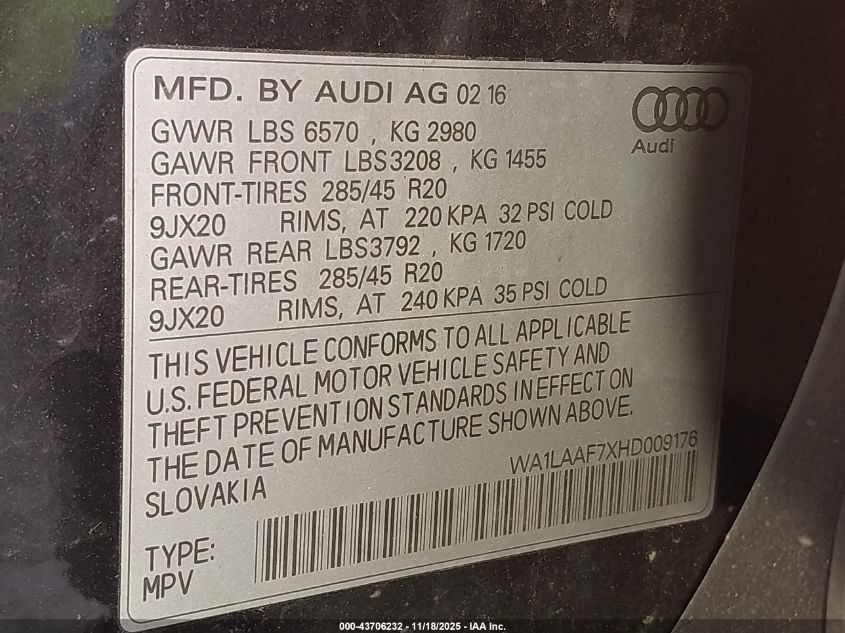 2017 Audi Q7 3.0T Premium VIN: WA1LAAF7XHD009176 Lot: 43706232