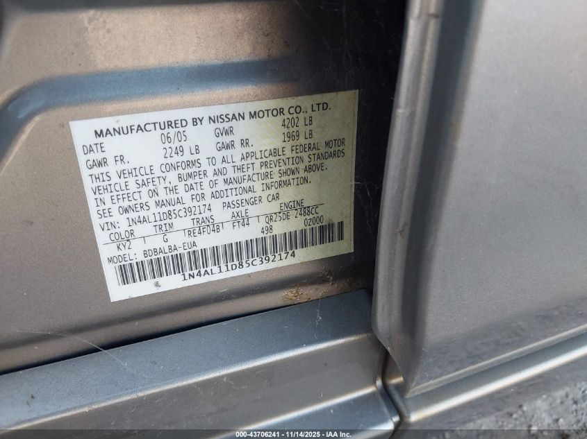 2005 Nissan Altima 2.5 S VIN: 1N4AL11D85C392174 Lot: 43706241
