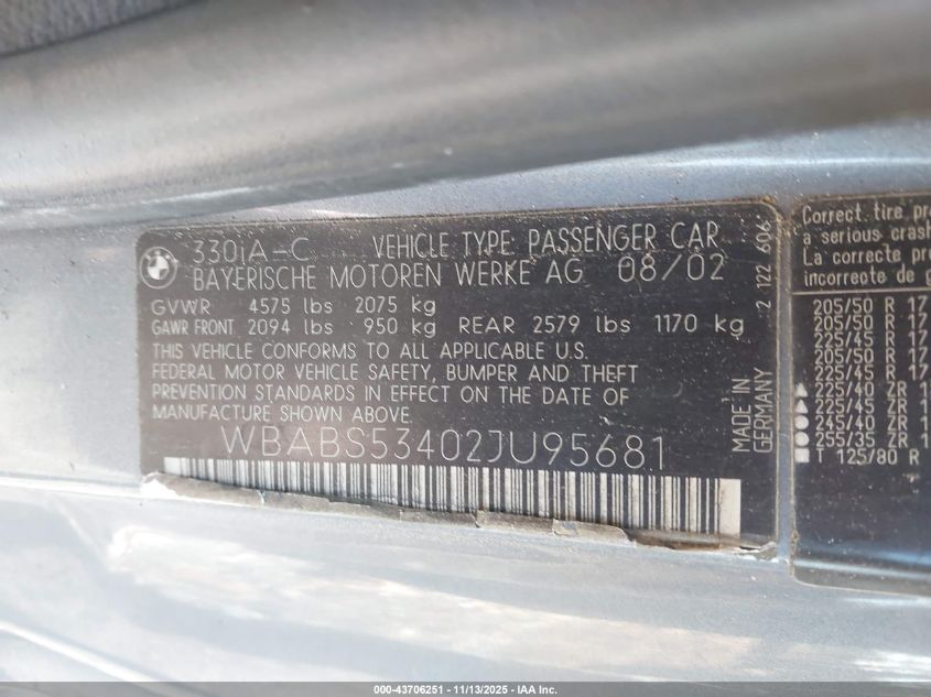 2002 BMW 330Ci VIN: WBABS53402JU95681 Lot: 43706251