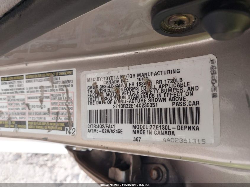 2004 Toyota Corolla Le VIN: 2T1BR32E14C235351 Lot: 43706260