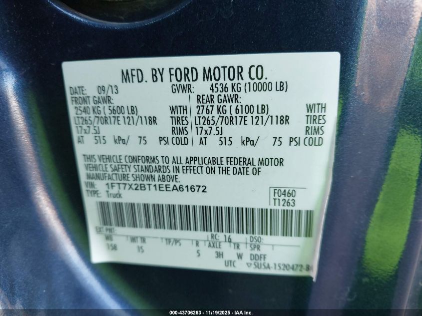 2014 Ford F250 Super Duty VIN: 1FT7X2BT1EE61672 Lot: 43706263